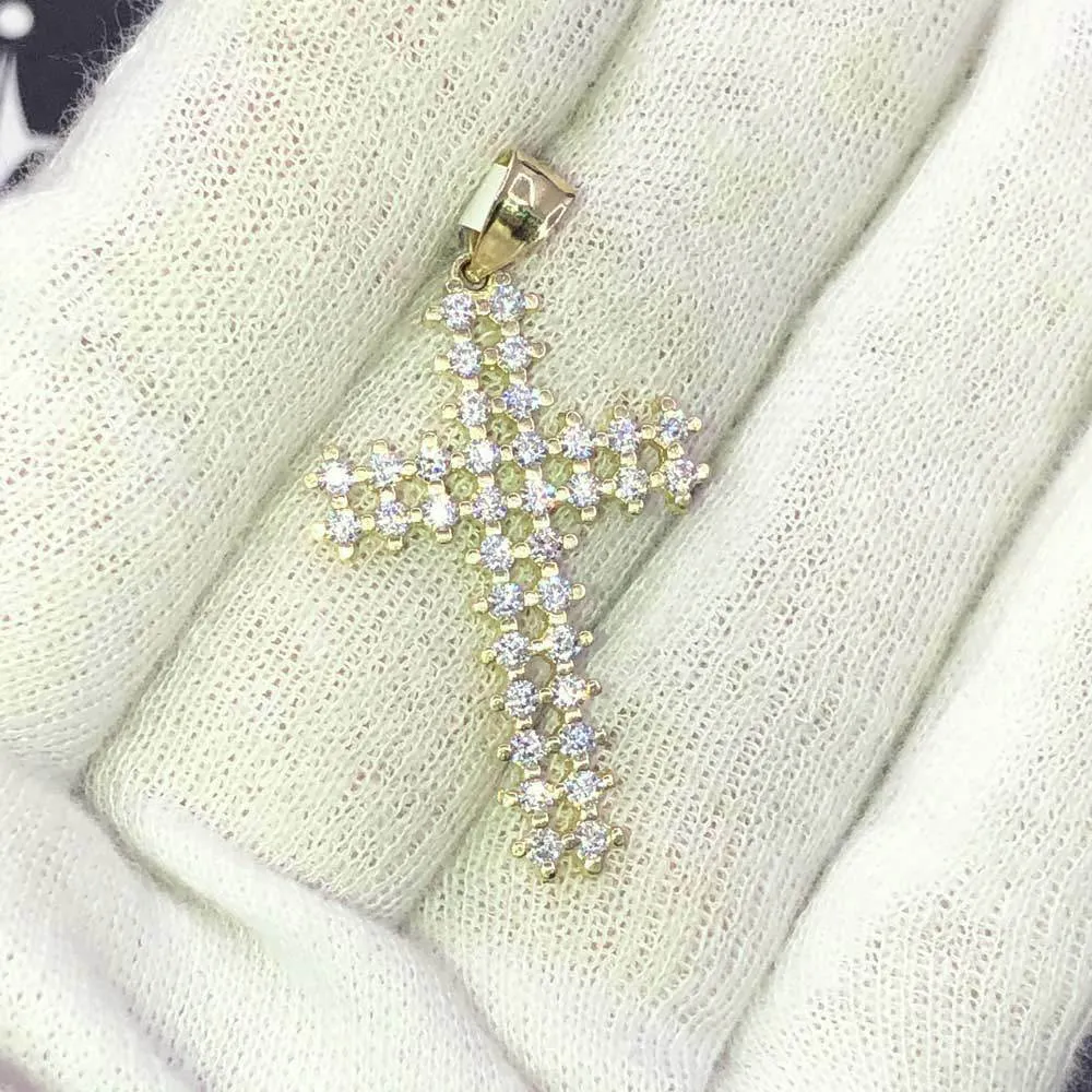 Double Hollow Tennis Cross VVS CZ 10K Yellow Gold Pendant