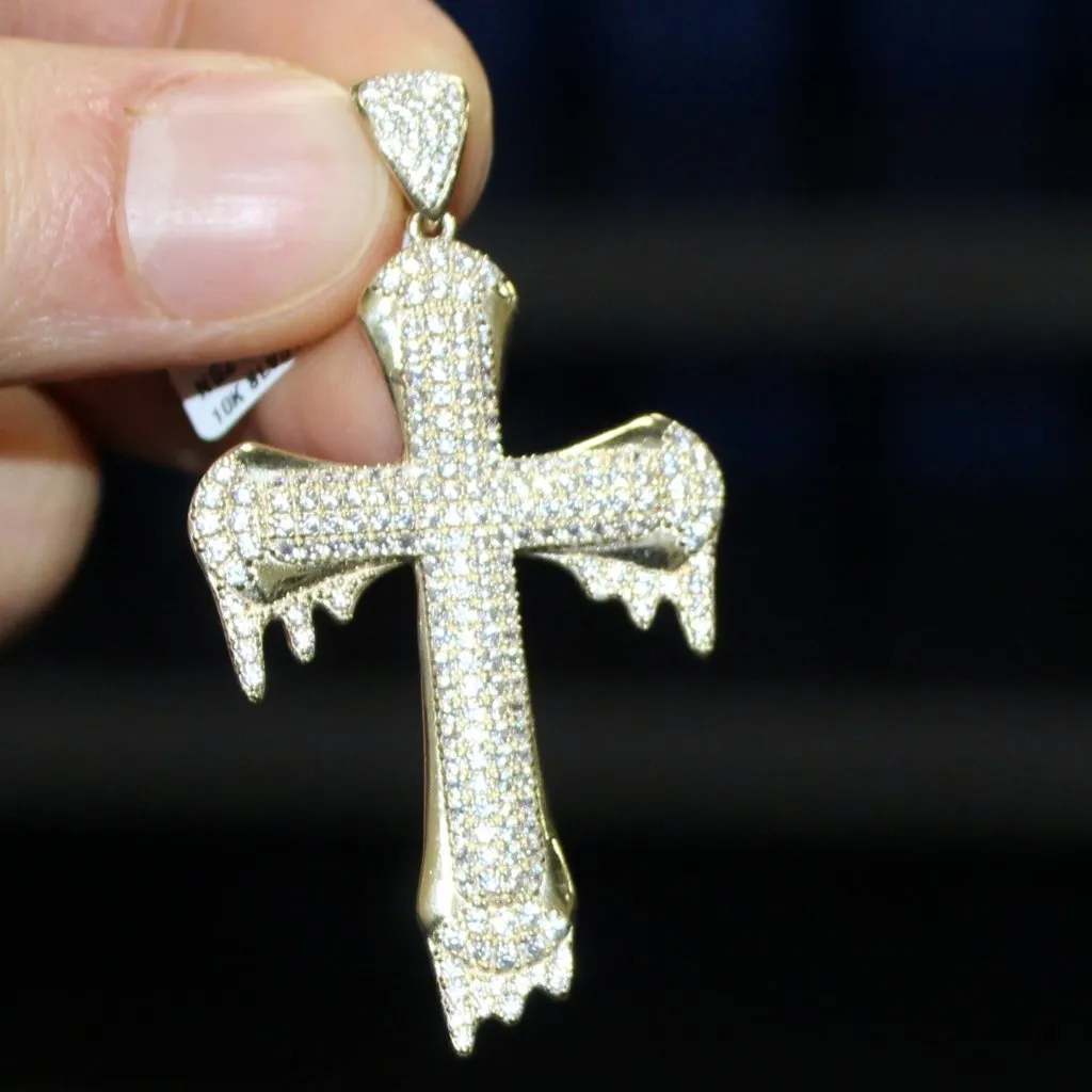 Drip Designer Cross Pendant VVS CZ 10K Yellow Gold