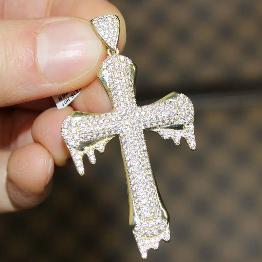 Drip Designer Cross Pendant VVS CZ 10K Yellow Gold