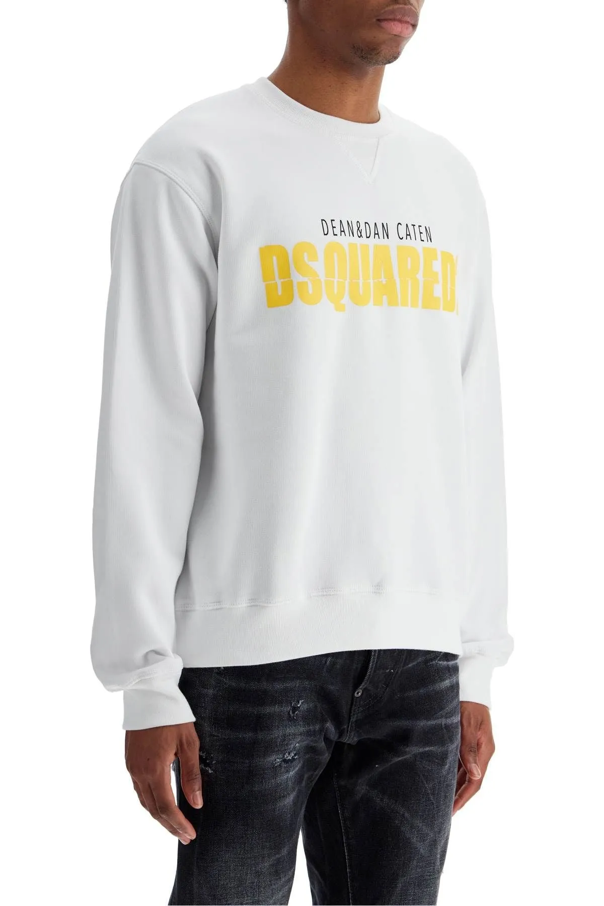 Dsquared2 White Cotton Sweatshirt With Distinctive Yellow Logo