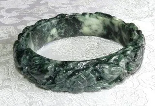 Dynasty Collection-Starlings and Peonies Wealth and Status Deep Green Carved Jade Bangle 58.5mm (DC111)