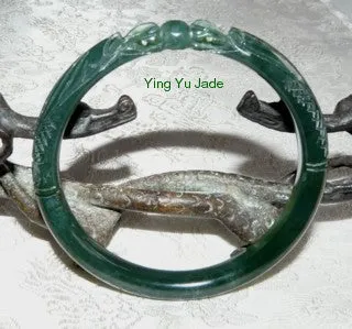 Dynasty Collection-Two Dragons Play Pearl Deep Green  Carved Jade Bangle 64mm (DCDDS)