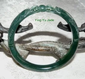 Dynasty Collection-Two Dragons Play Pearl Deep Green  Carved Jade Bangle 64mm (DCDDS)