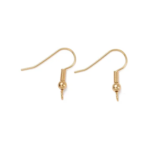 Earring Hooks, Brass, Ear Wires, Ball And Coil, With Vertical Open Loop, 18K Gold Plated, 19x20mm