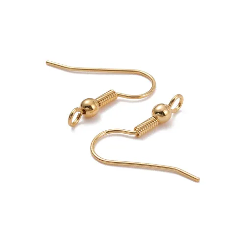 Earring Hooks, Brass, Ear Wires, Ball And Coil, With Vertical Open Loop, 18K Gold Plated, 19x20mm