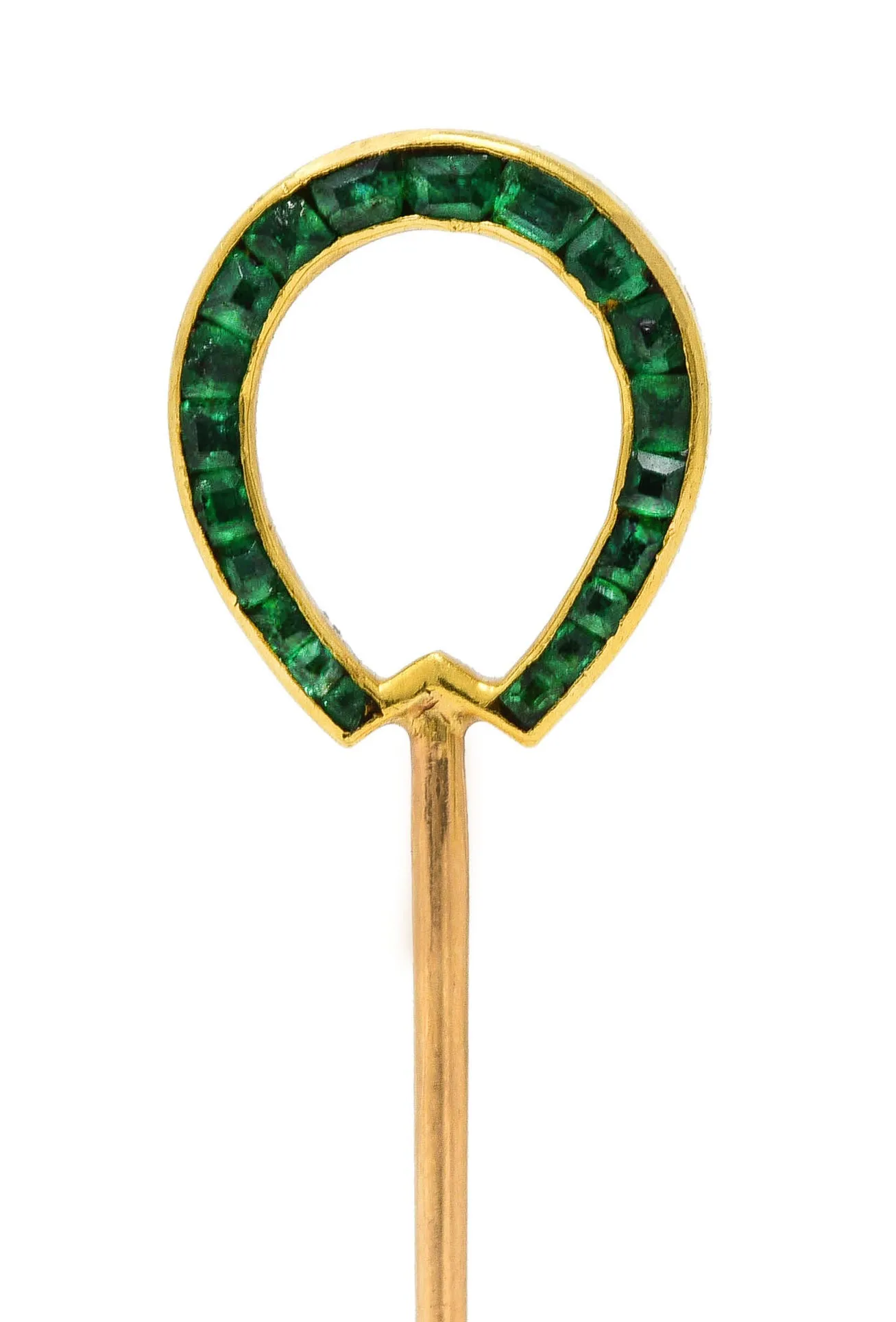 Edwardian 0.70 CTW Diamond Emerald Platinum-Topped 18 Karat Gold Reversible Horseshoe Stickpin