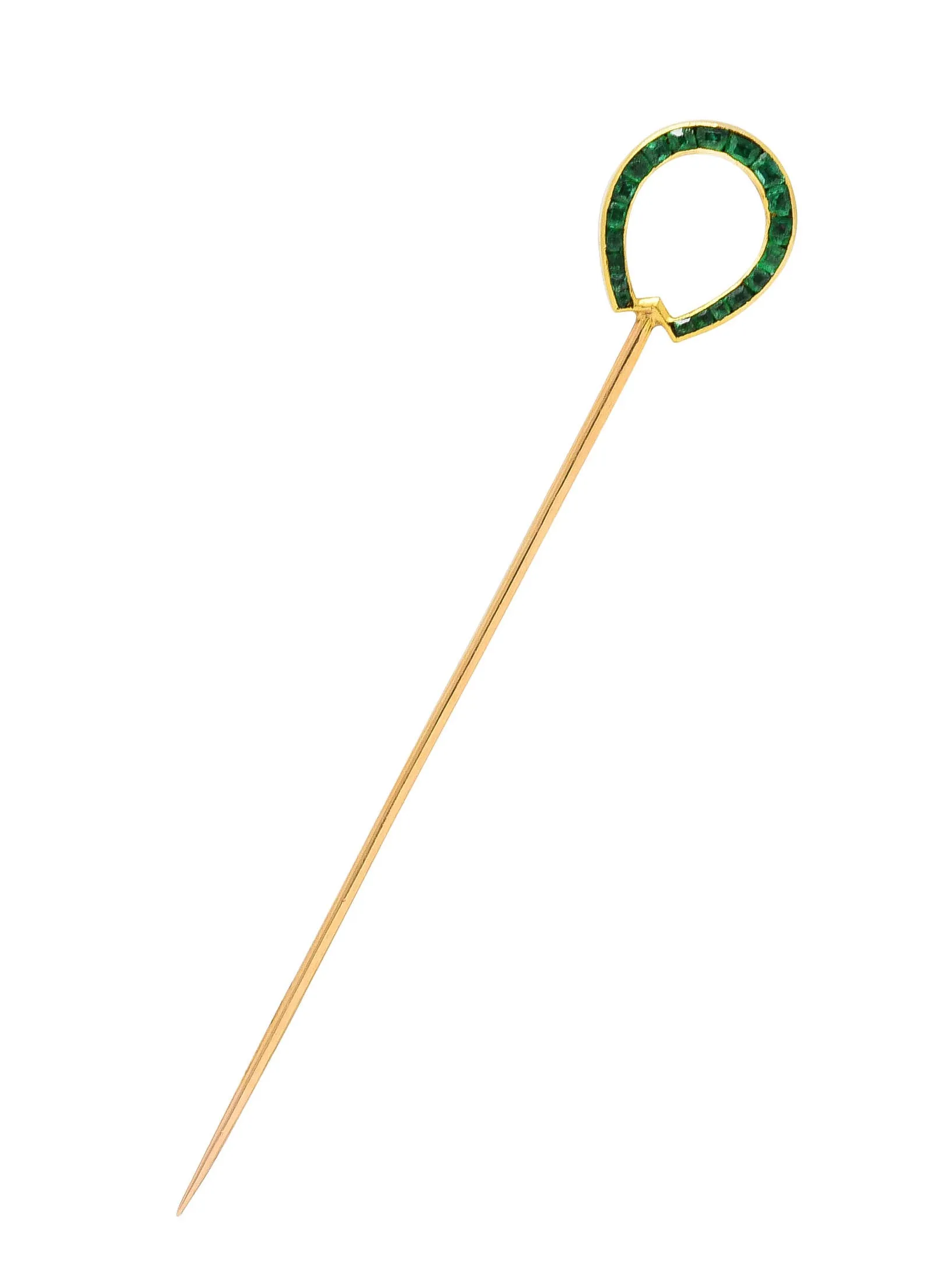 Edwardian 0.70 CTW Diamond Emerald Platinum-Topped 18 Karat Gold Reversible Horseshoe Stickpin