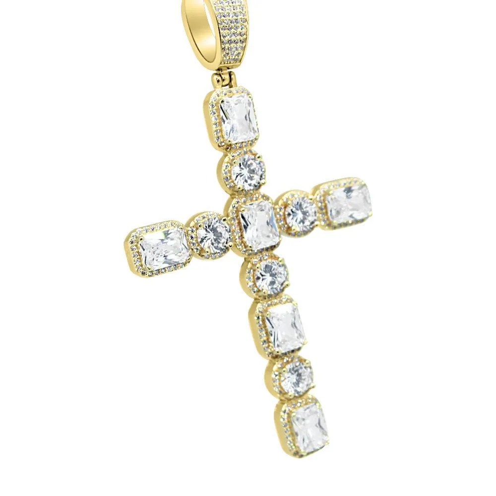 Emerald Cut Round Cut Bling Bling Gold Cross