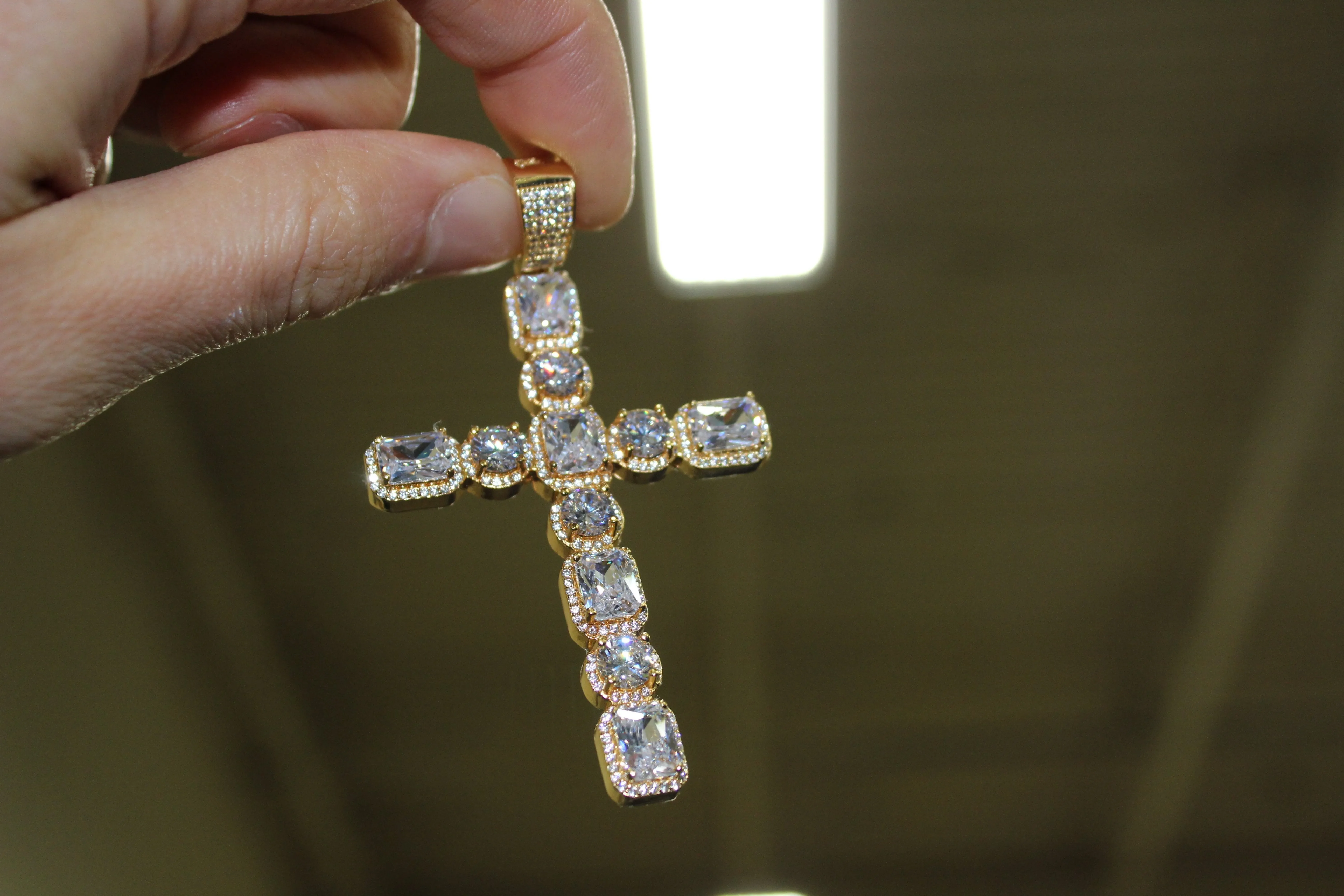 Emerald Cut Round Cut Bling Bling Gold Cross