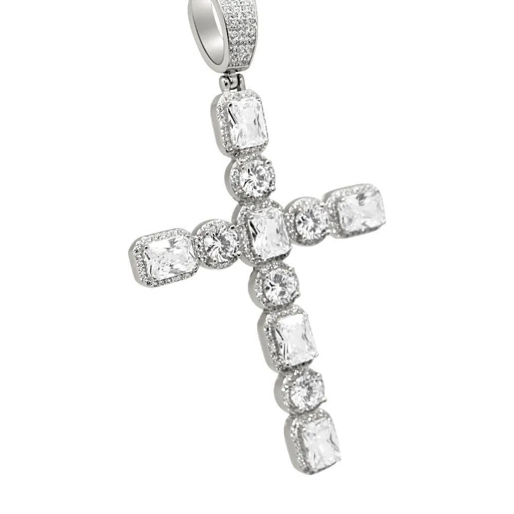 Emerald Cut Round Cut Bling Bling Rhodium Cross