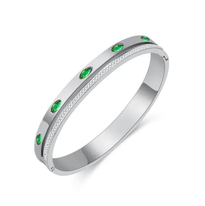 Emeralda CZ Bangle, Stainless Steel Clip Open Bangle, Length:  17cm