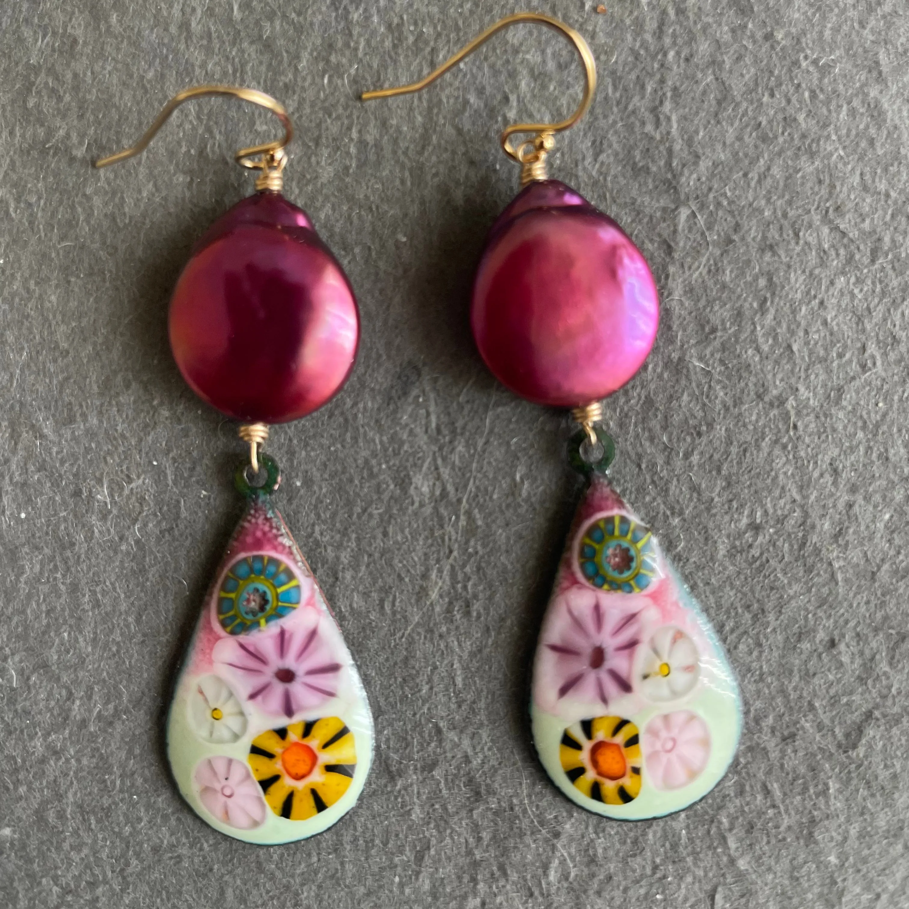 Enamel Millefiori Dangles with Plum Pearls, OOAK