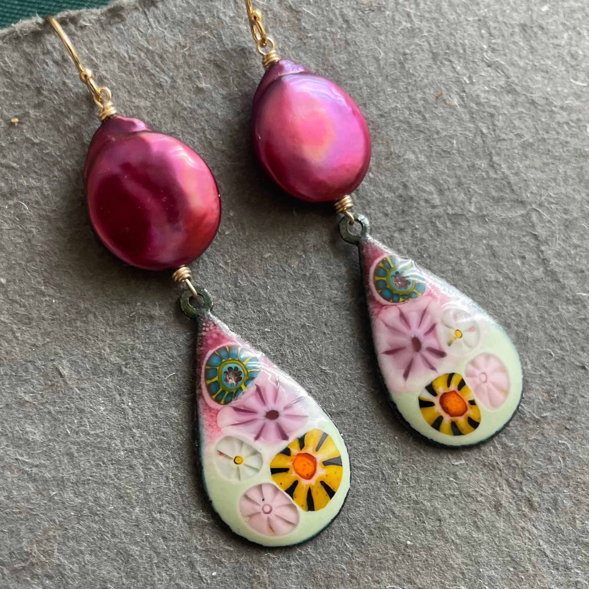 Enamel Millefiori Dangles with Plum Pearls, OOAK