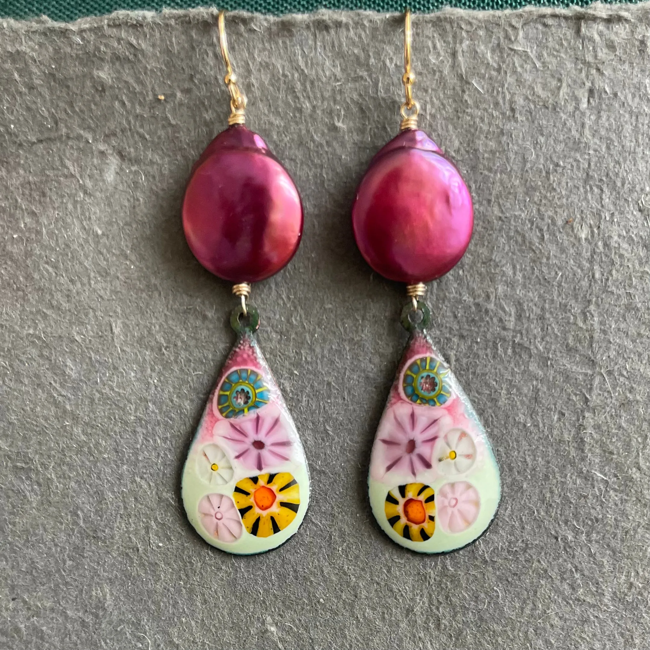 Enamel Millefiori Dangles with Plum Pearls, OOAK