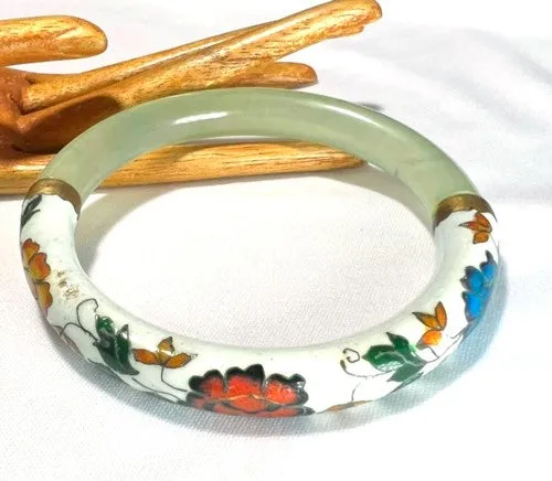 Estate Vintage Jade Cloisonne Bangle Bracelet 62 mm (TI602)