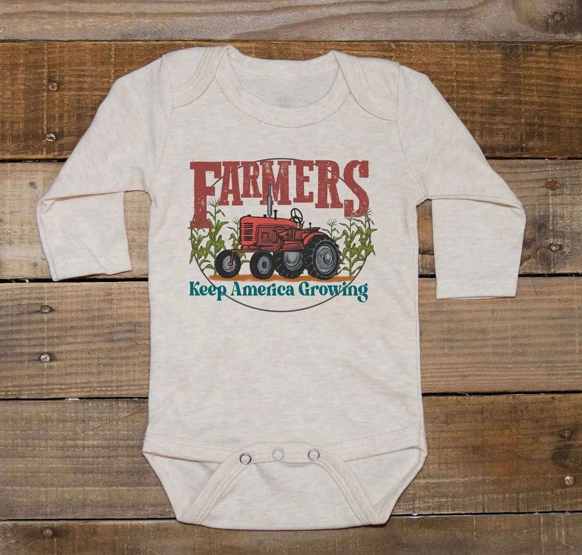 Farmers Keep America Growing Red Farm Tractor Long Sleeve Onesie