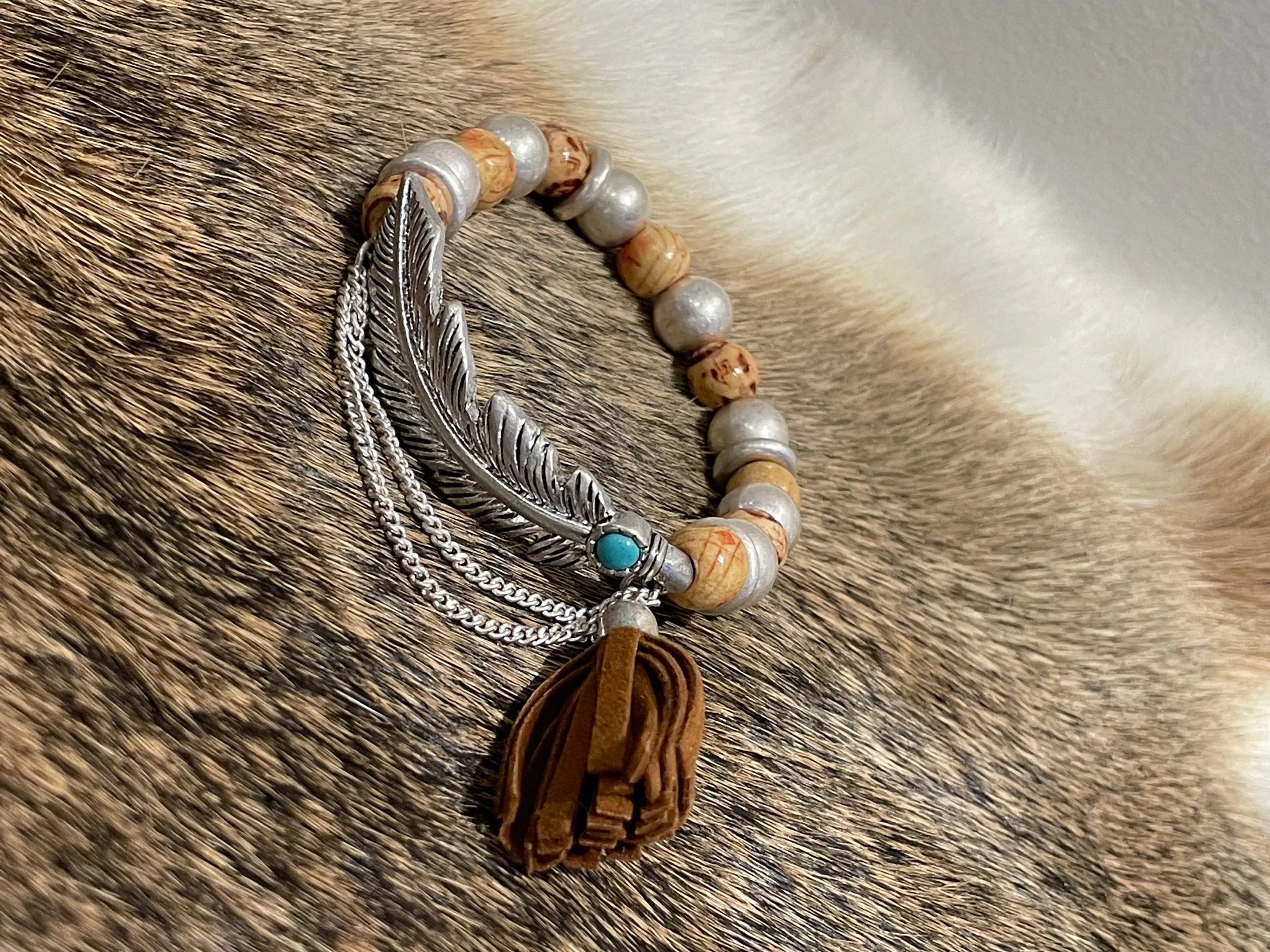 Feather & Tassel Charm Wooden Beaded Bracelet