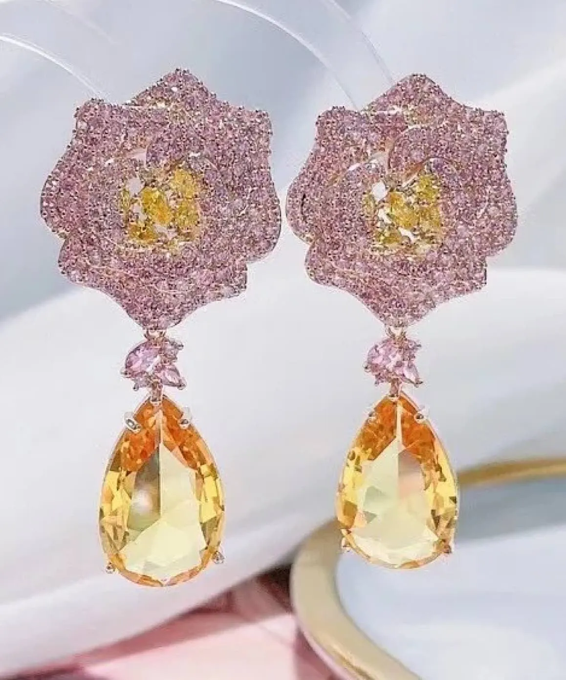 Floral Diamond Drop Earrings In Hot Pink