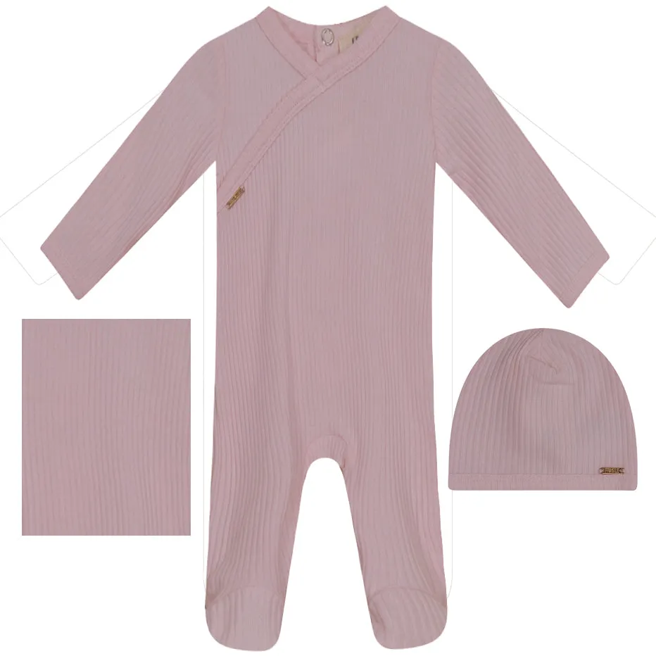 Fragile Pink Ribbed Wrap Layette Set