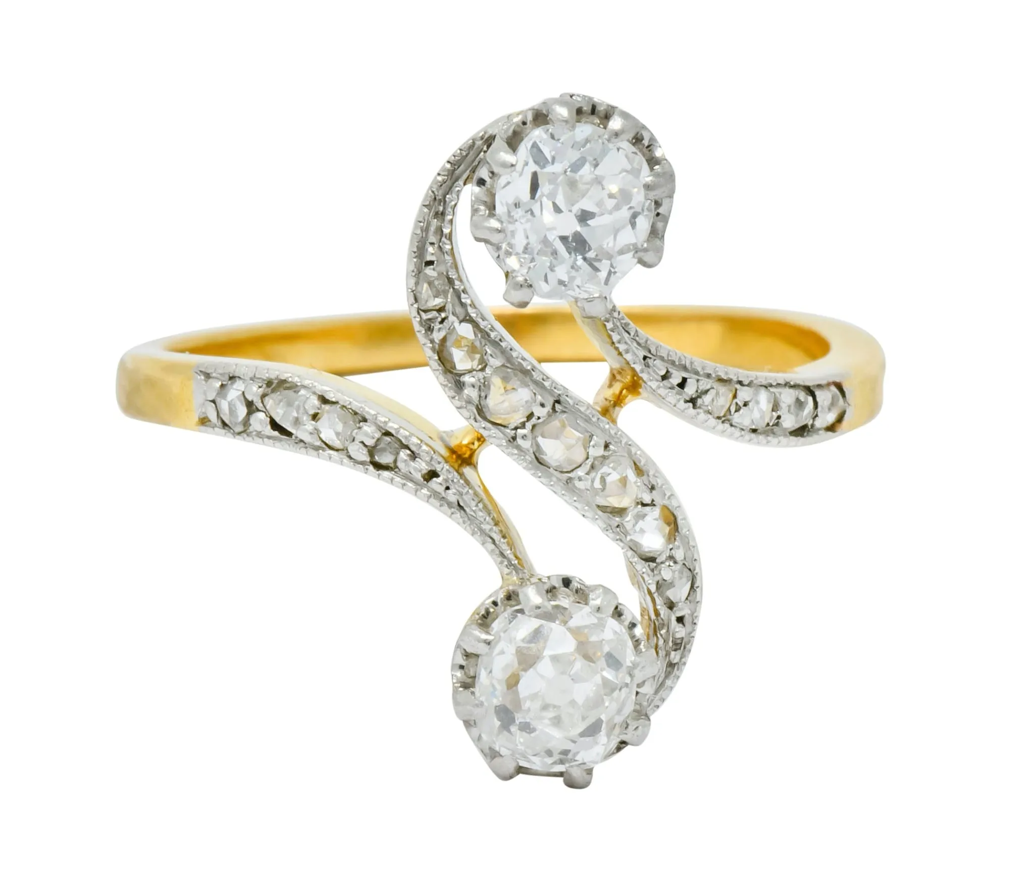 French Edwardian 0.90 CTW Diamond Platinum-Topped 18 Karat Gold Toi Et Moi Ring Circa 1915