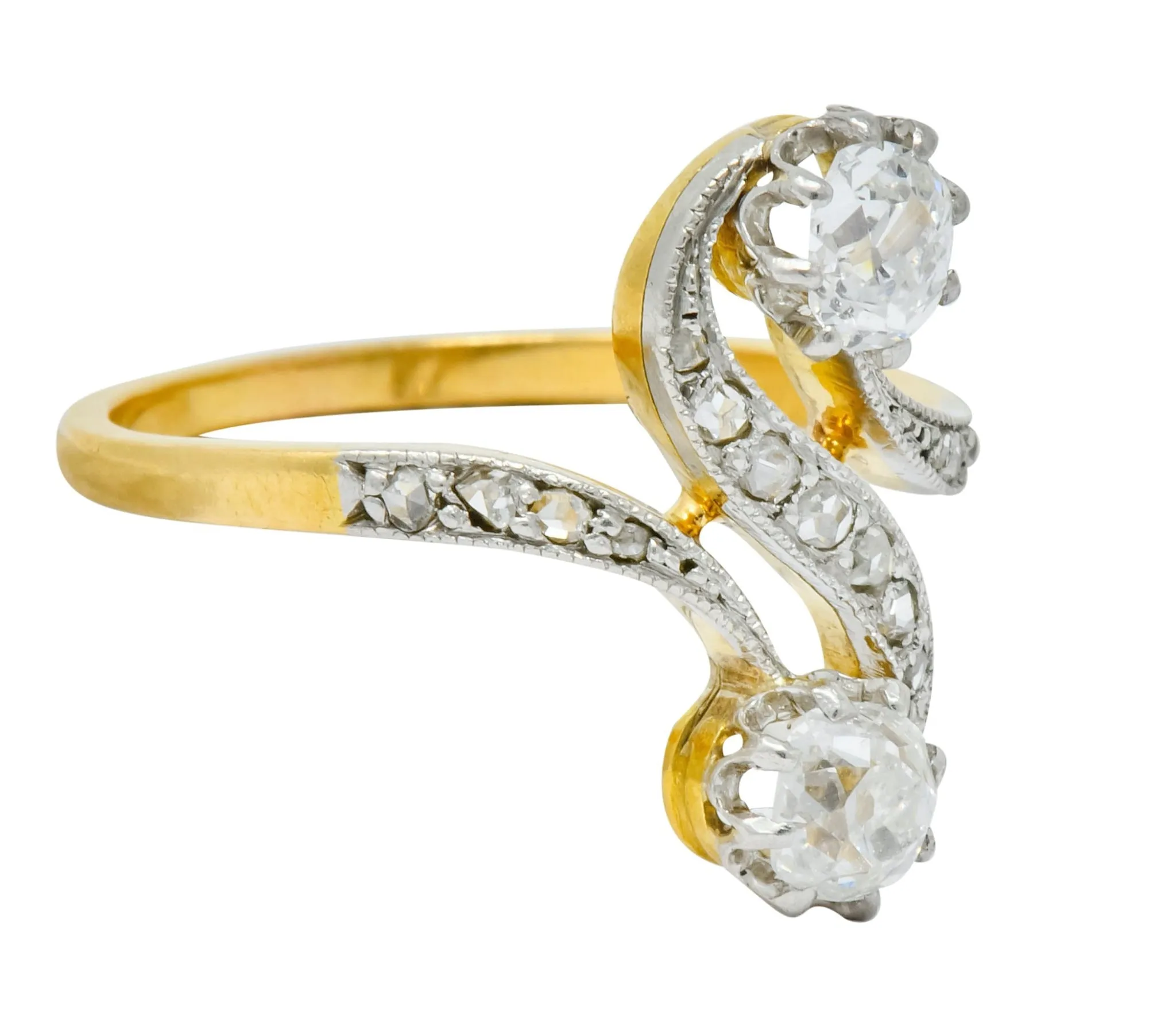 French Edwardian 0.90 CTW Diamond Platinum-Topped 18 Karat Gold Toi Et Moi Ring Circa 1915