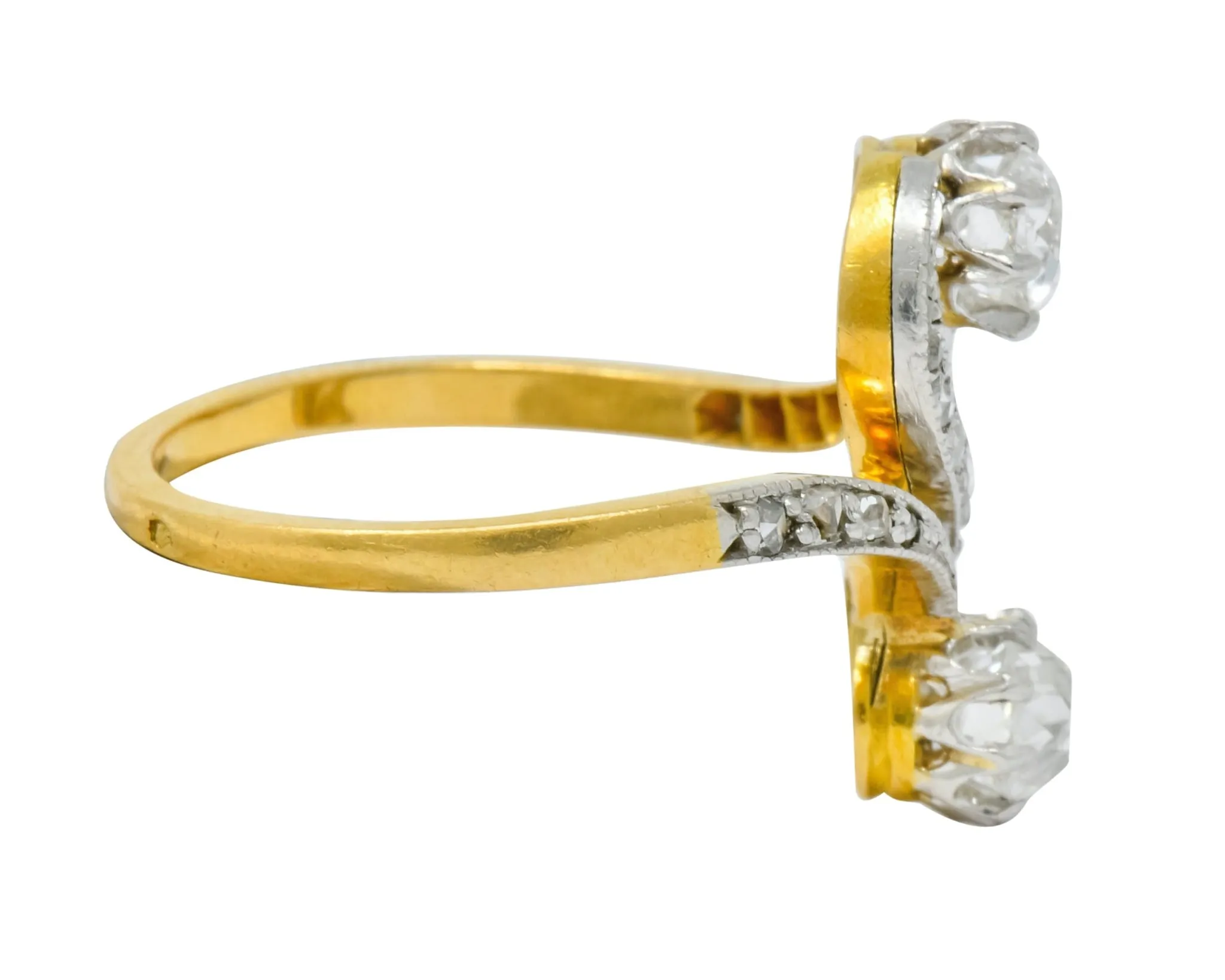 French Edwardian 0.90 CTW Diamond Platinum-Topped 18 Karat Gold Toi Et Moi Ring Circa 1915