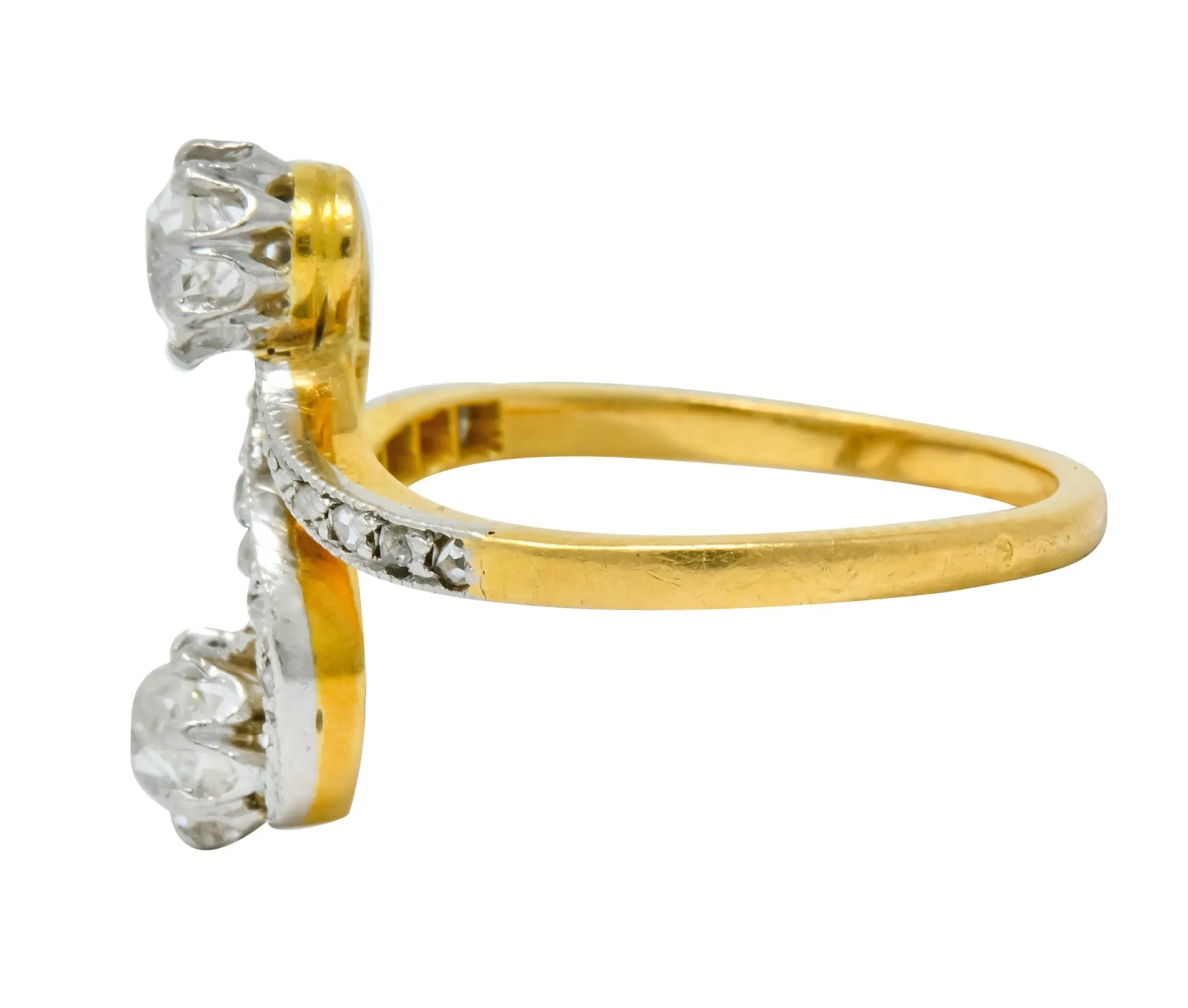 French Edwardian 0.90 CTW Diamond Platinum-Topped 18 Karat Gold Toi Et Moi Ring Circa 1915