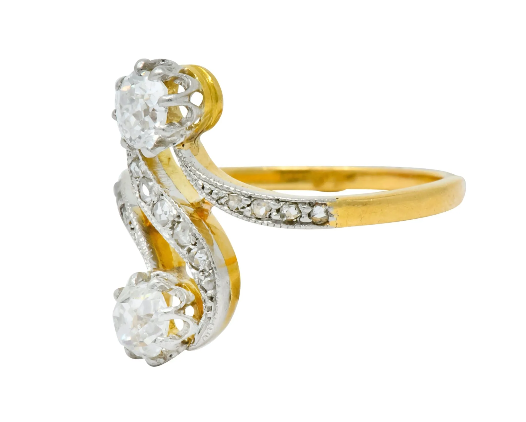 French Edwardian 0.90 CTW Diamond Platinum-Topped 18 Karat Gold Toi Et Moi Ring Circa 1915