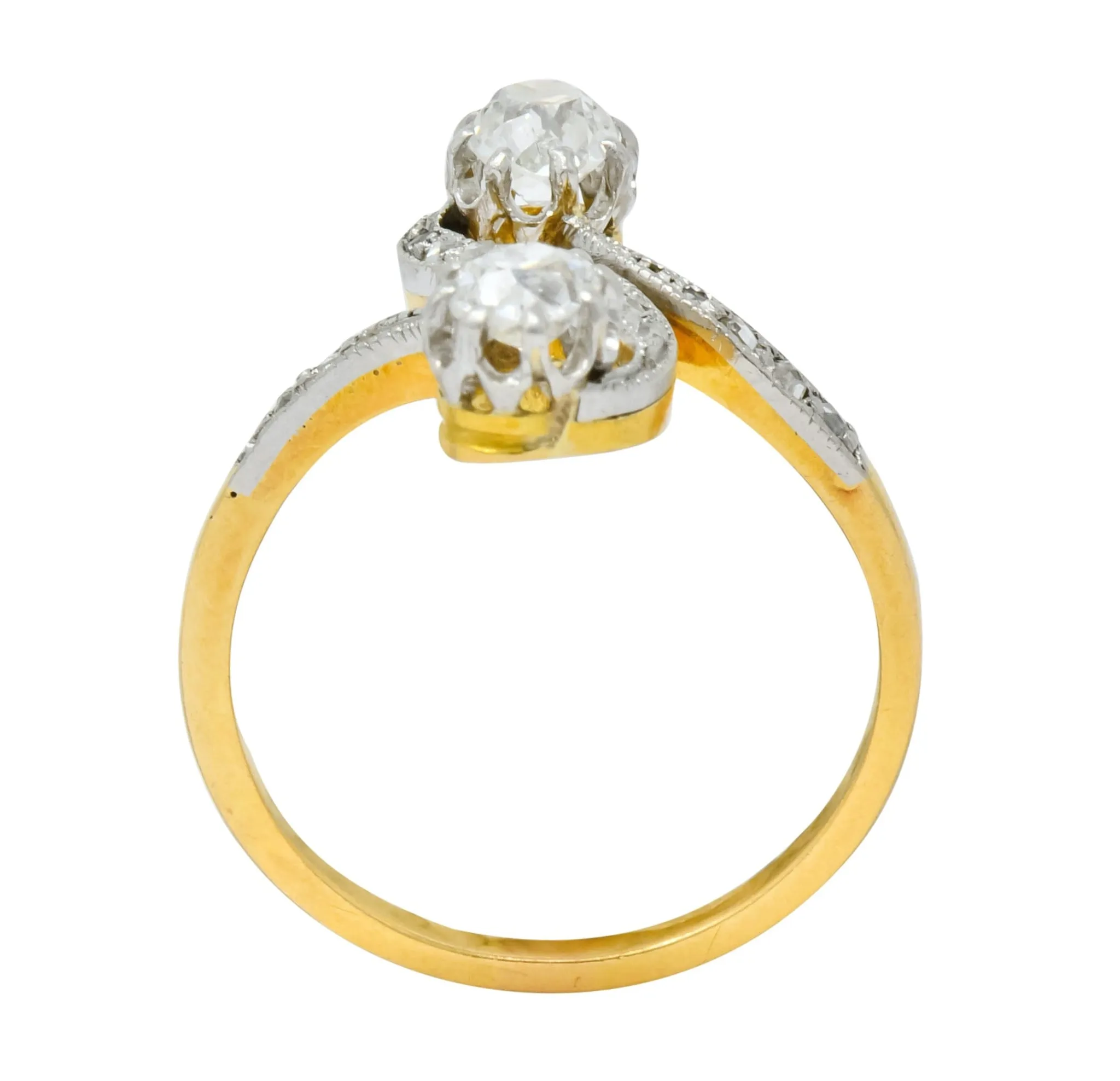 French Edwardian 0.90 CTW Diamond Platinum-Topped 18 Karat Gold Toi Et Moi Ring Circa 1915