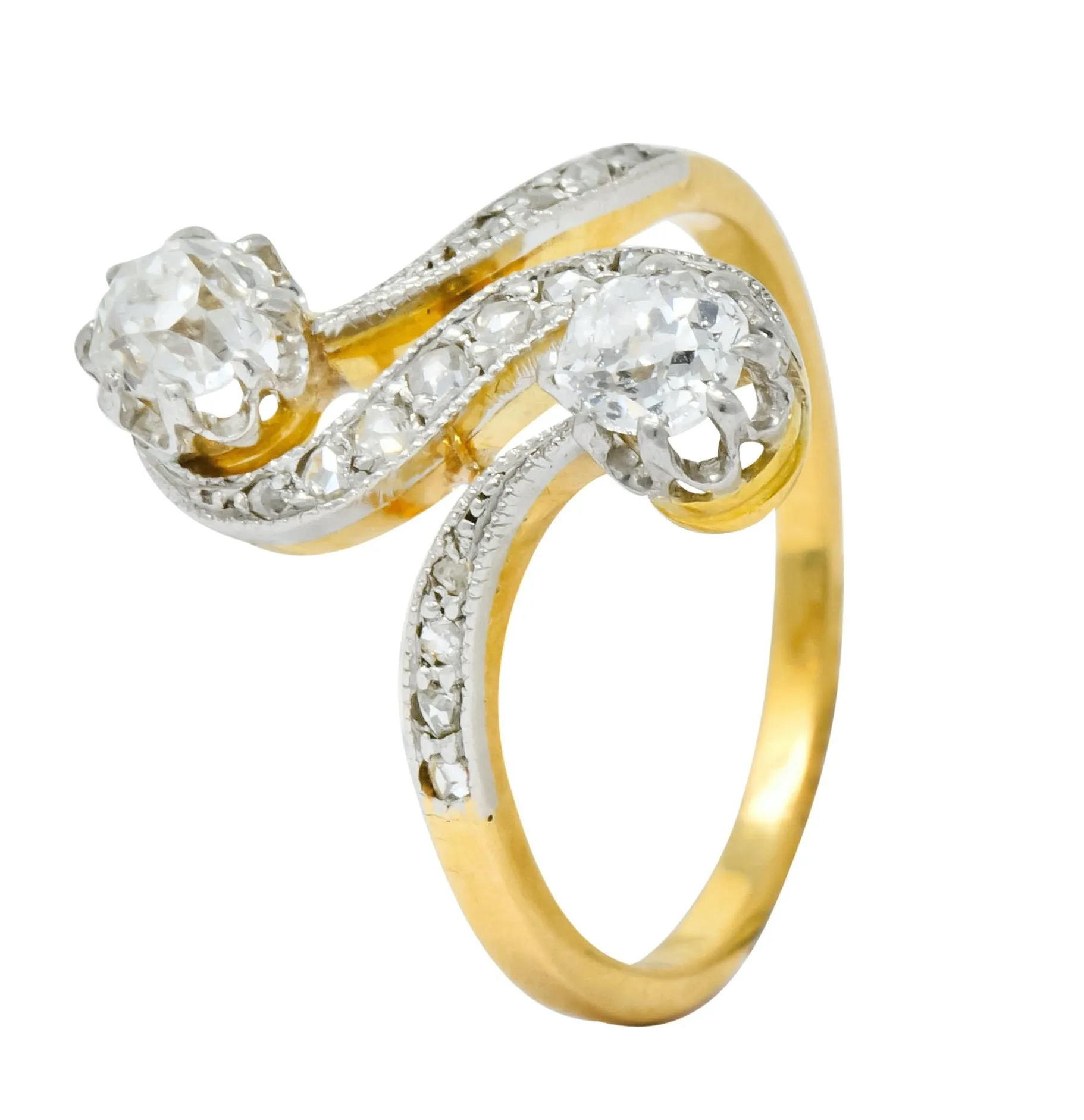 French Edwardian 0.90 CTW Diamond Platinum-Topped 18 Karat Gold Toi Et Moi Ring Circa 1915