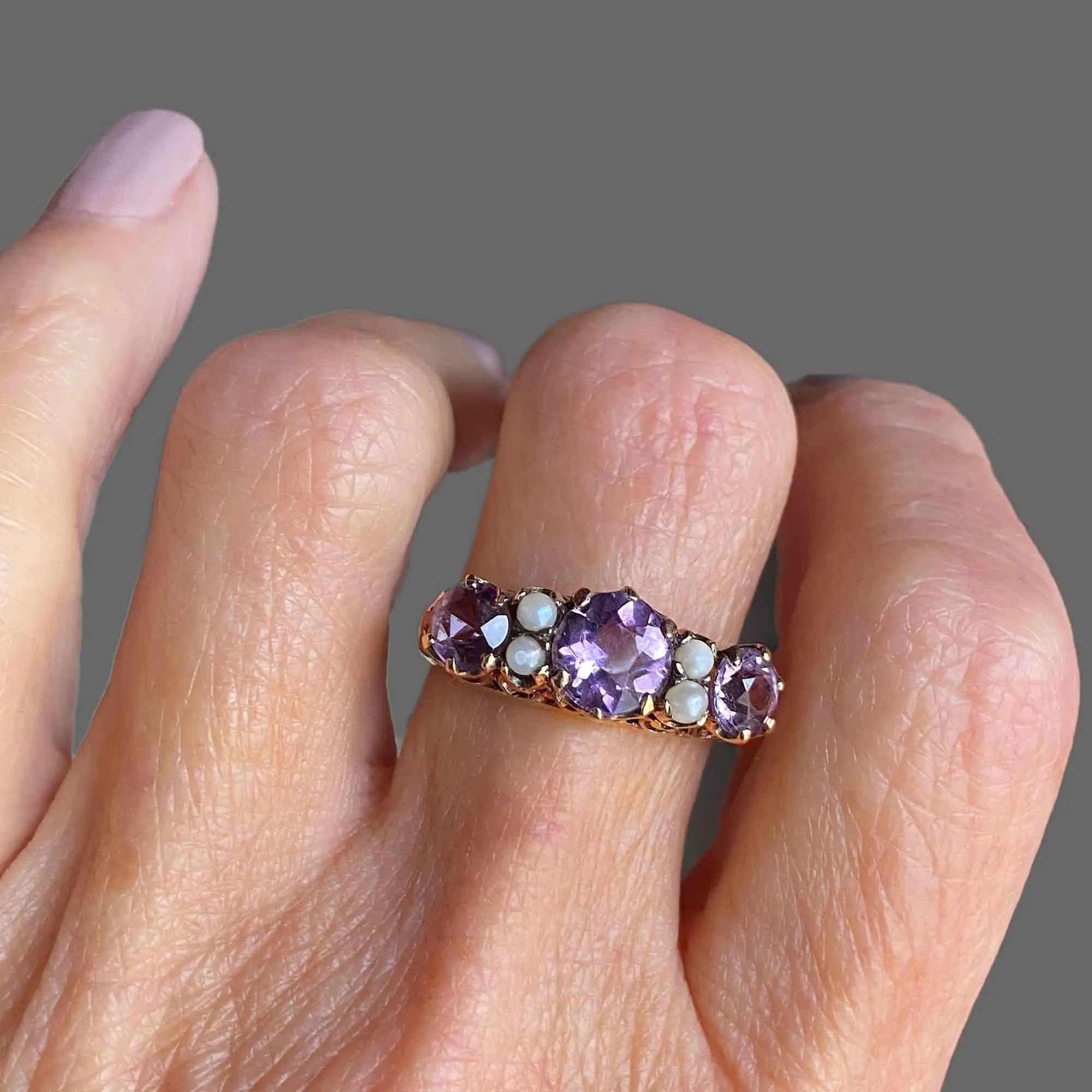 Gold Pearl and Amethyst Victorian Style Ring