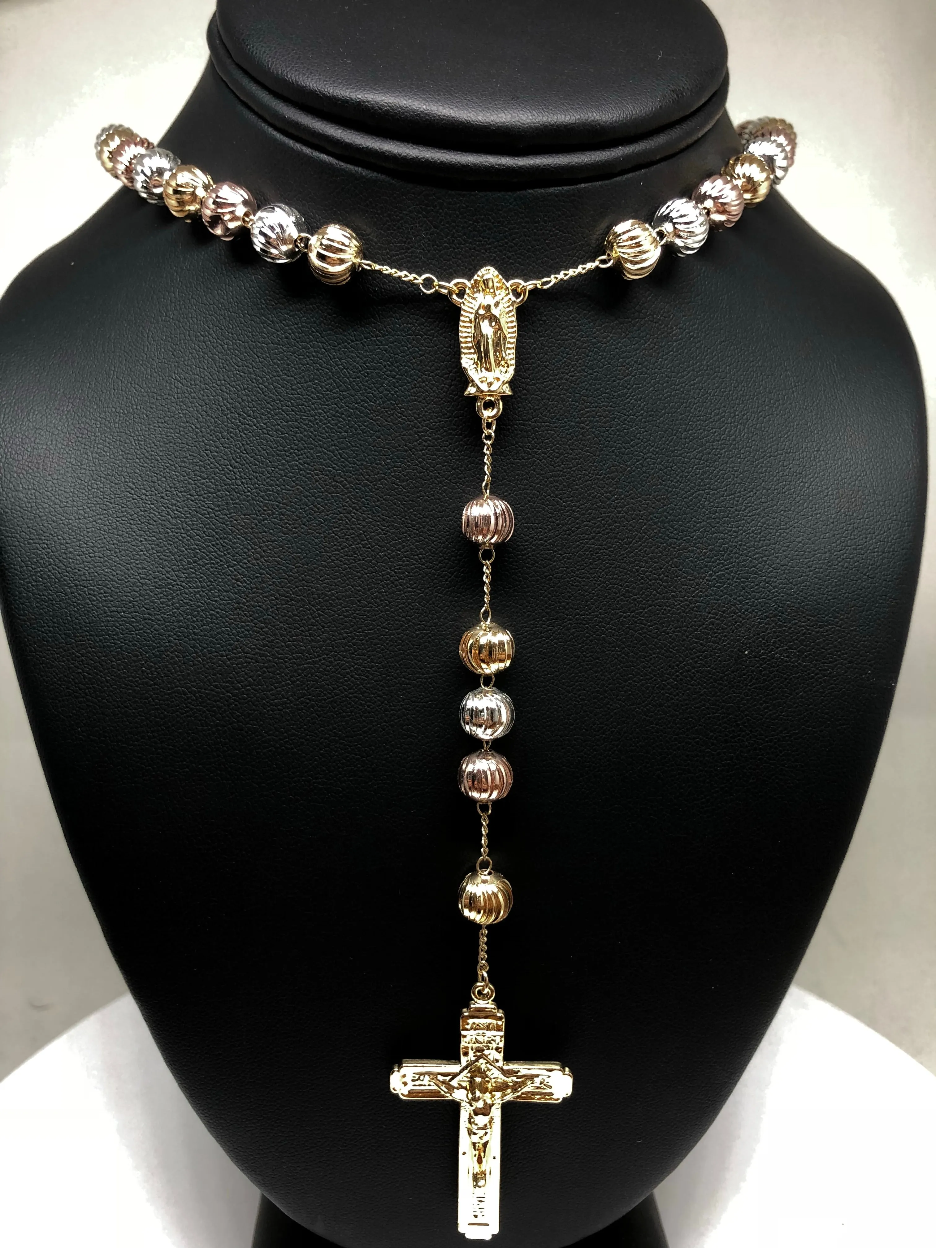 Gold Plated Tri-Color Virgin Mary Rosary Necklace Virgen de Guadalupe Rosario Crucifijo Oro Tres Colores 26”