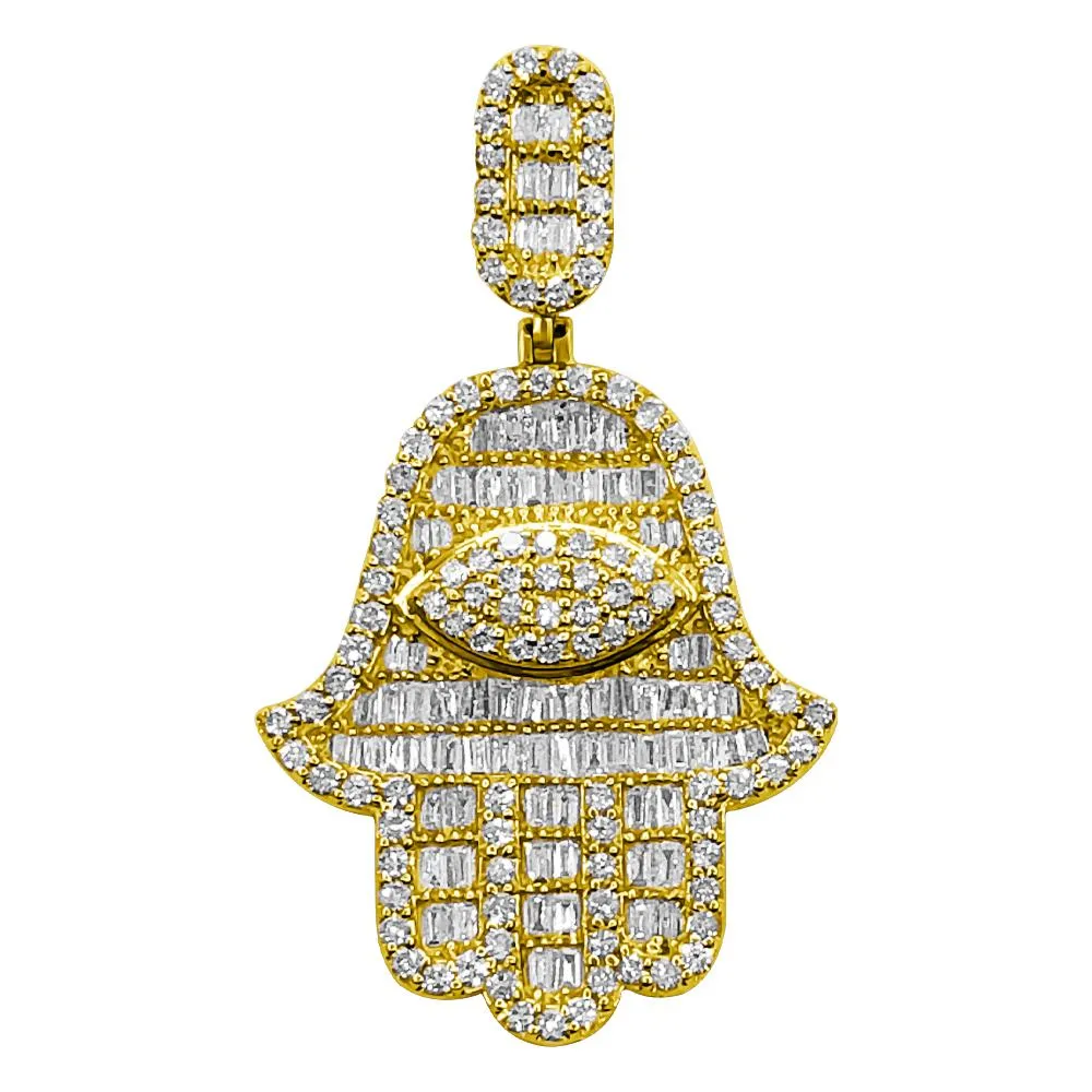 Hamsa Baguette Diamond Pendant 2.00cttw 10K Yellow Gold