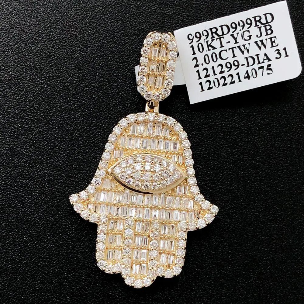 Hamsa Baguette Diamond Pendant 2.00cttw 10K Yellow Gold