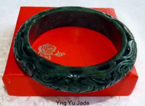 Happiness and Satisfaction in Life Deep Green Black Dynasty Style Carved Jade Bangle 62 mm  (DC118)