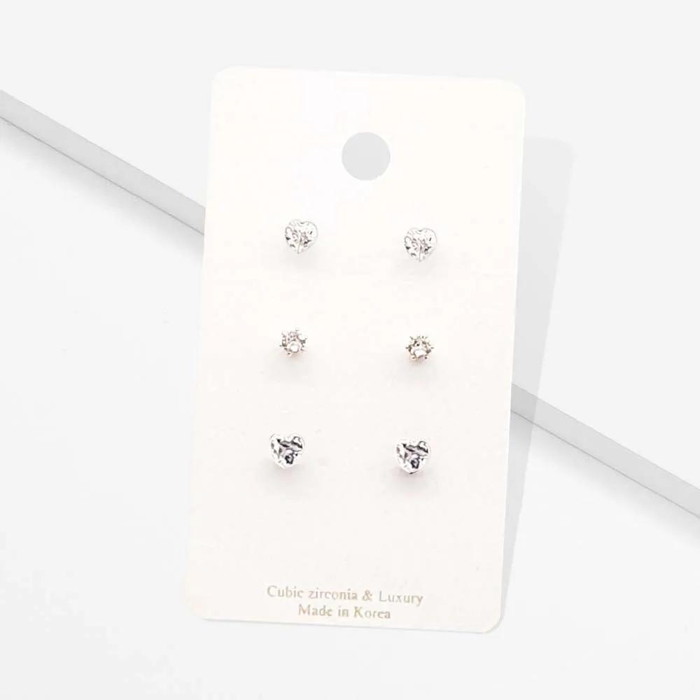 iLLASPARKZ 3Pairs - CZ Heart Round Stud Earrings