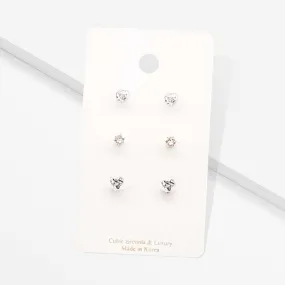 iLLASPARKZ 3Pairs - CZ Heart Round Stud Earrings