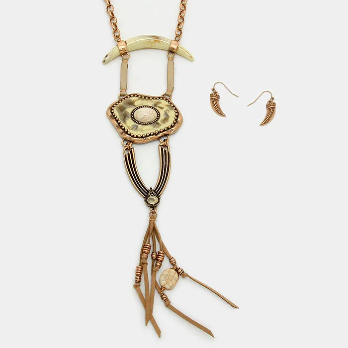 iLLASPARKZ Abstract double horn & faux leather tassel necklace