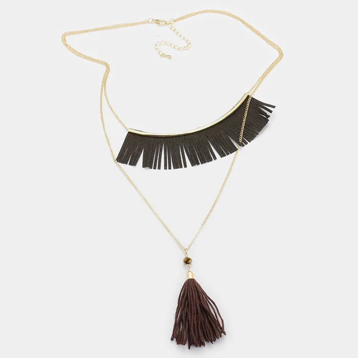 iLLASPARKZ Double layer faux suede fringe bar & thread tassel pendant necklace