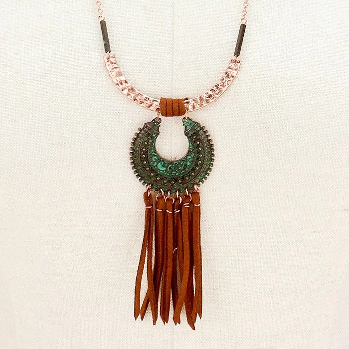 iLLASPARKZ Faux suede fringe & double horn drop necklace