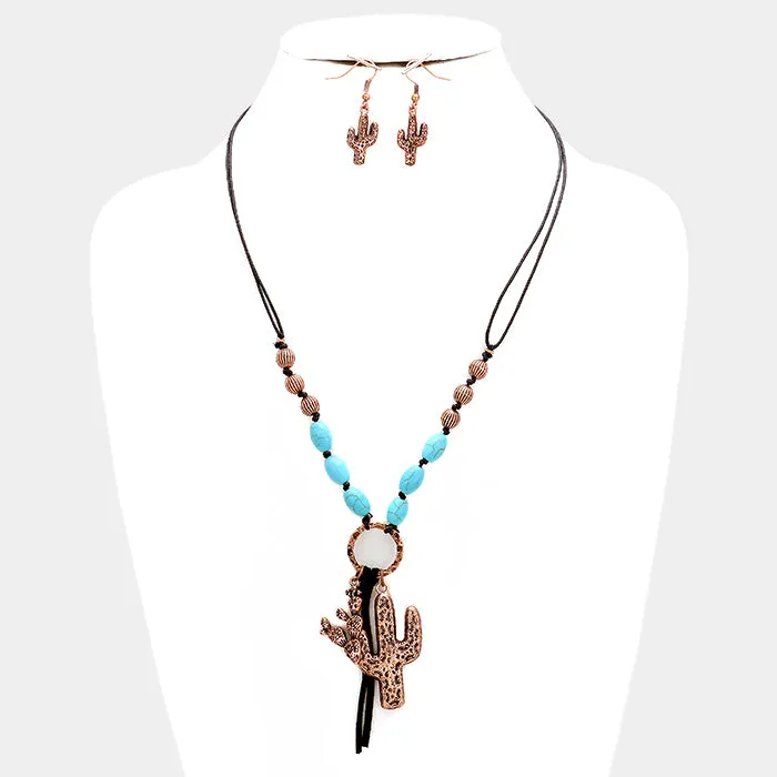 iLLASPARKZ Metal cactus charm & turquoise beads necklace with faux suede fringe