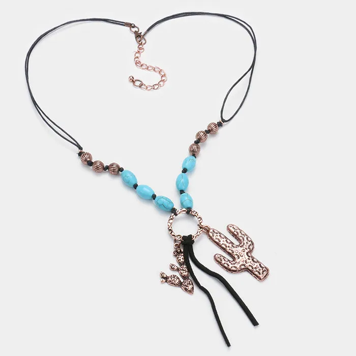 iLLASPARKZ Metal cactus charm & turquoise beads necklace with faux suede fringe