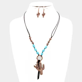 iLLASPARKZ Metal cactus charm & turquoise beads necklace with faux suede fringe