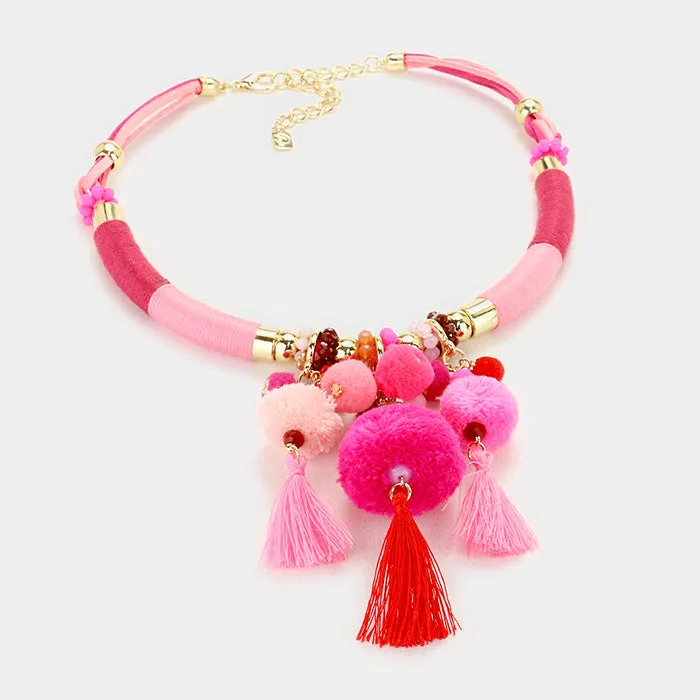 iLLASPARKZ Pom pom & tassel charm thread bar necklace