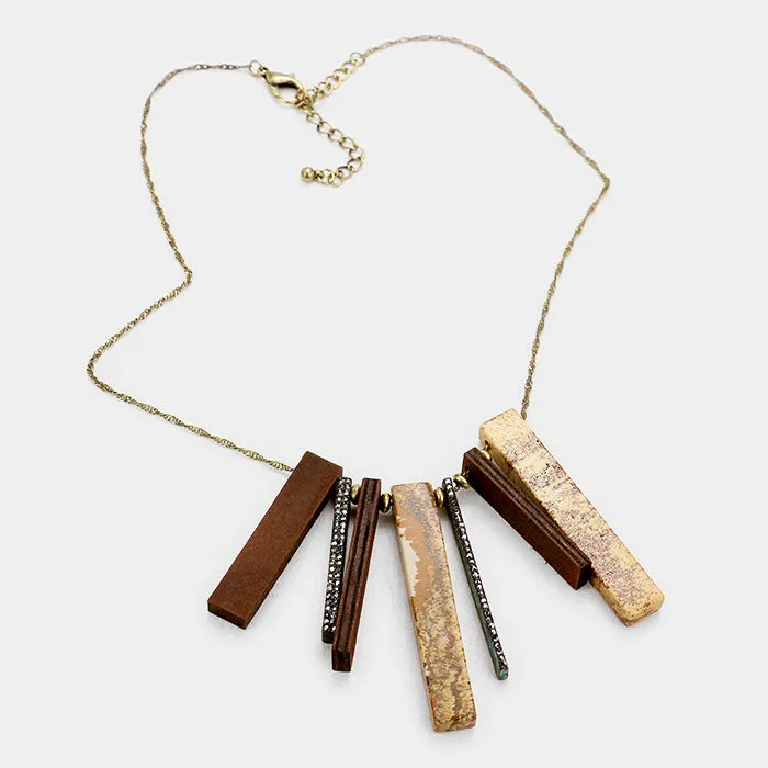 iLLASPARKZ Rhinestone Rectangular Bead Wood Bar Statement Necklace