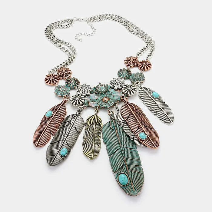 iLLASPARKZ Tribal feather fringe bib necklace