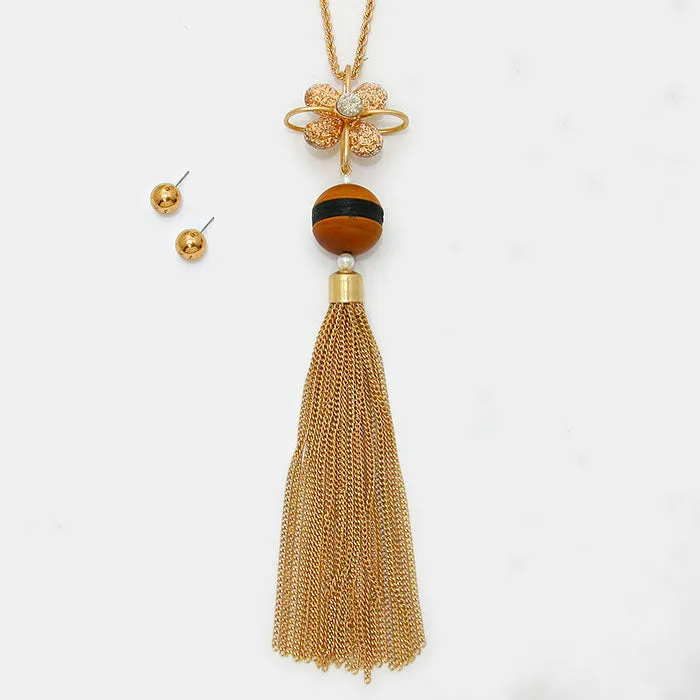 iLLASPARKZ Wooden ball & metal chain tassel drop necklace