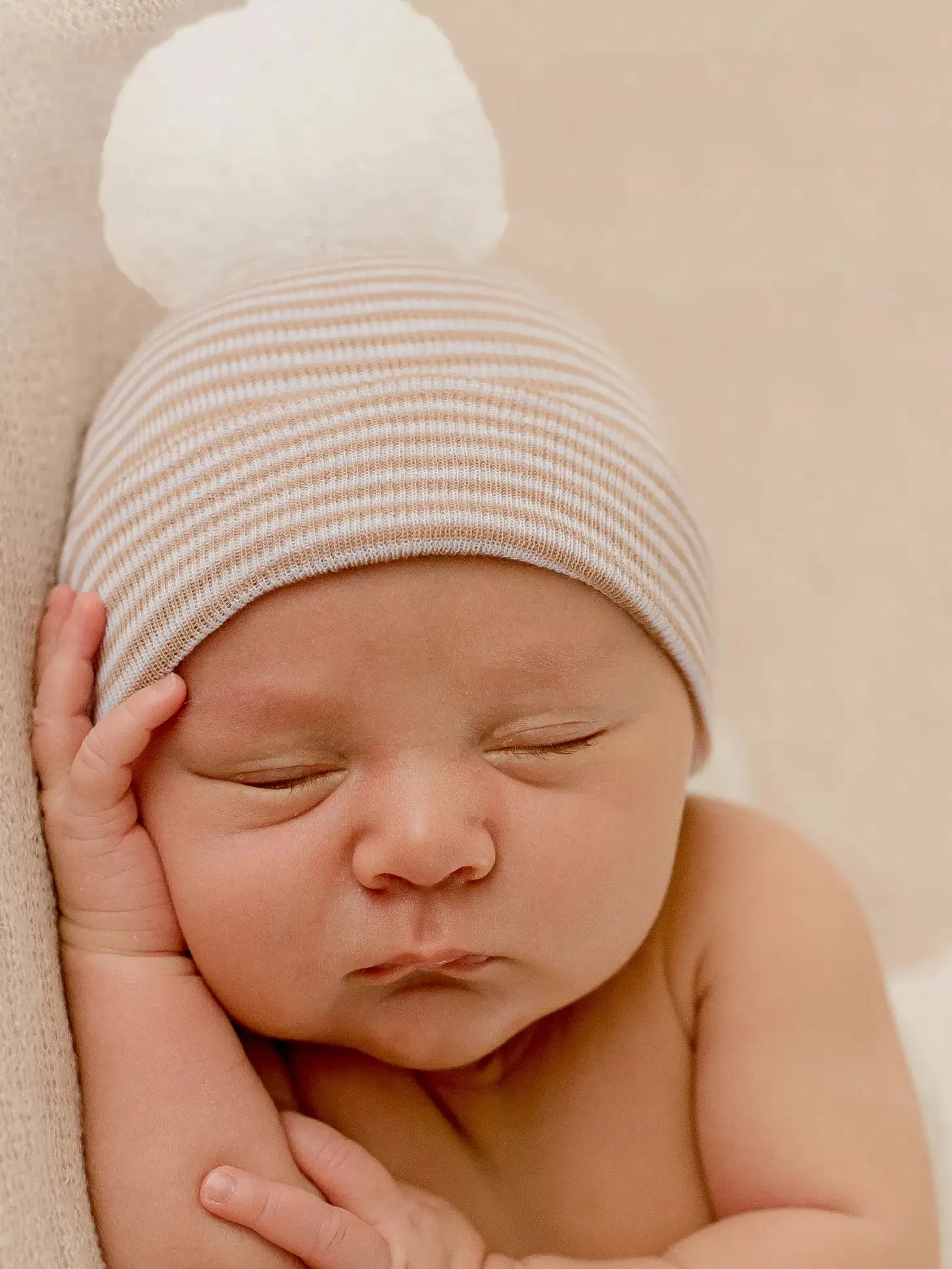 Ilybean - Tan & White Stripe Newborn Hat White Pom