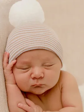 Ilybean - Tan & White Stripe Newborn Hat White Pom