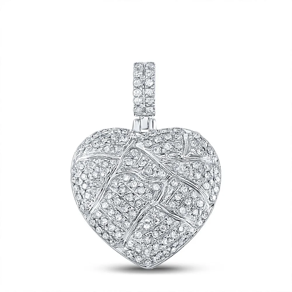 Keene Jewelers 10kt White Gold Mens Round Diamond Cracked Heart Charm Pendant 3/8 Cttw